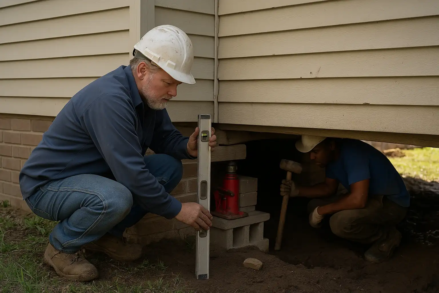 Hydraulic house leveling equipment on a Houston home